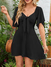 Smocked Back Knotted Flutter Sleeve Dress Black
