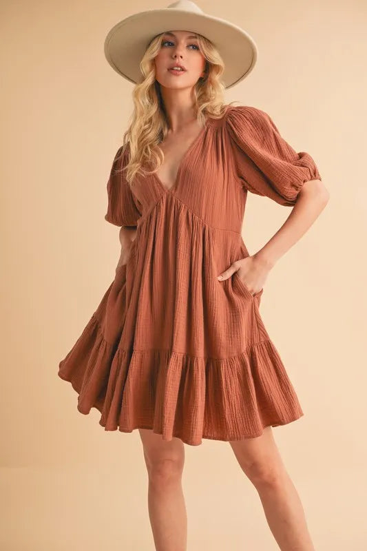 Aemi+Co Ruffled Mini Dress with Tied Back and Short Sleeves - 100% Cotton, Playful Design