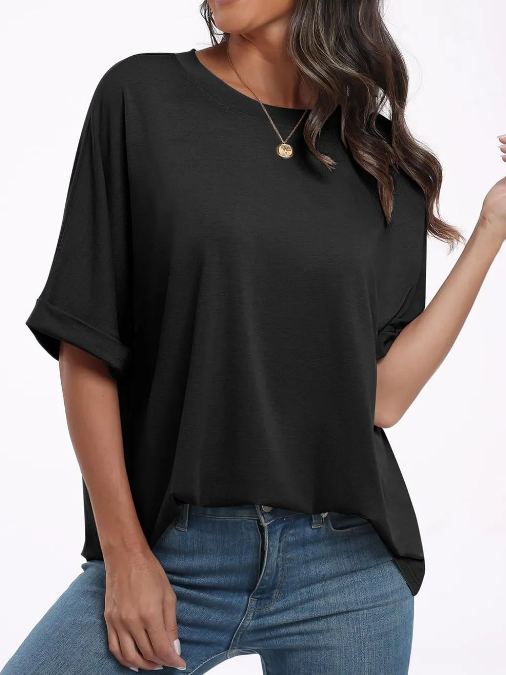Trendsi Women's Round Neck Half Sleeve T-Shirt - Opaque, Slightly Stretchy, Casual Style