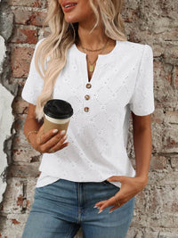 Stylish Eyelet Notched Top with Decorative Buttons - Short Sleeve & Slightly Stretchy, Opaque Fabric - Store 42