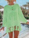 Angel Wings Openwork Tassel Hem Long Sleeve Knit Cover Up Neon Green
