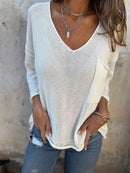 Full Size Casual V-Neck Knit Sweater Plus Size White