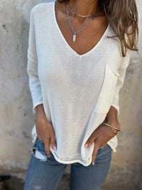 Full Size Casual V-Neck Knit Sweater Plus Size White