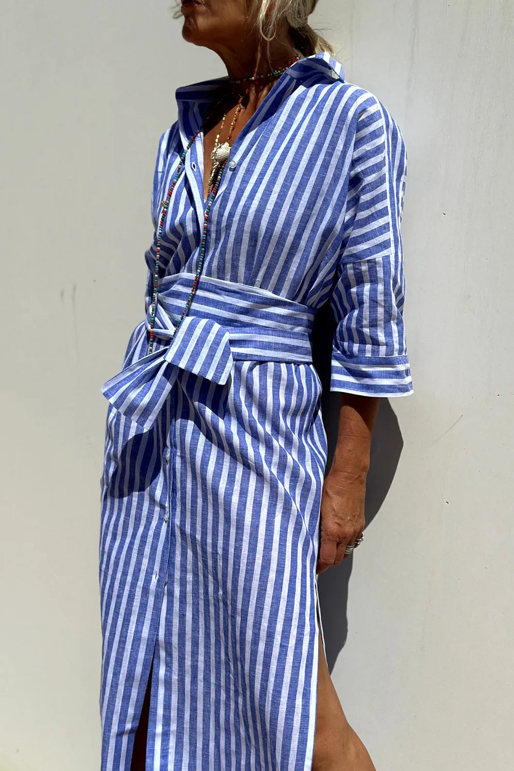 Stylish Tied Button-Up Dress with Three-Quarter Sleeves - Opaque 100% Polyester