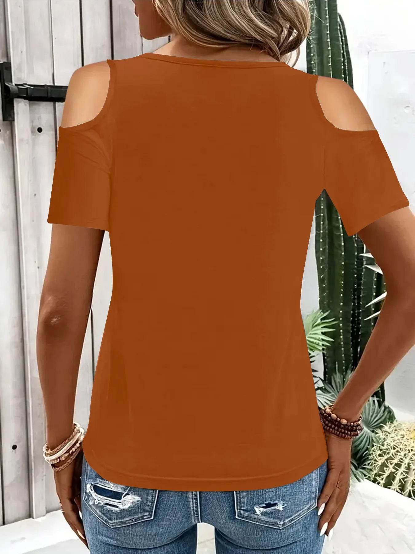 Sleek Cold Shoulder T-Shirt With Eye-Catching Metal Ring Detail - 95% Polyester, Slightly Stretchy - Store 42