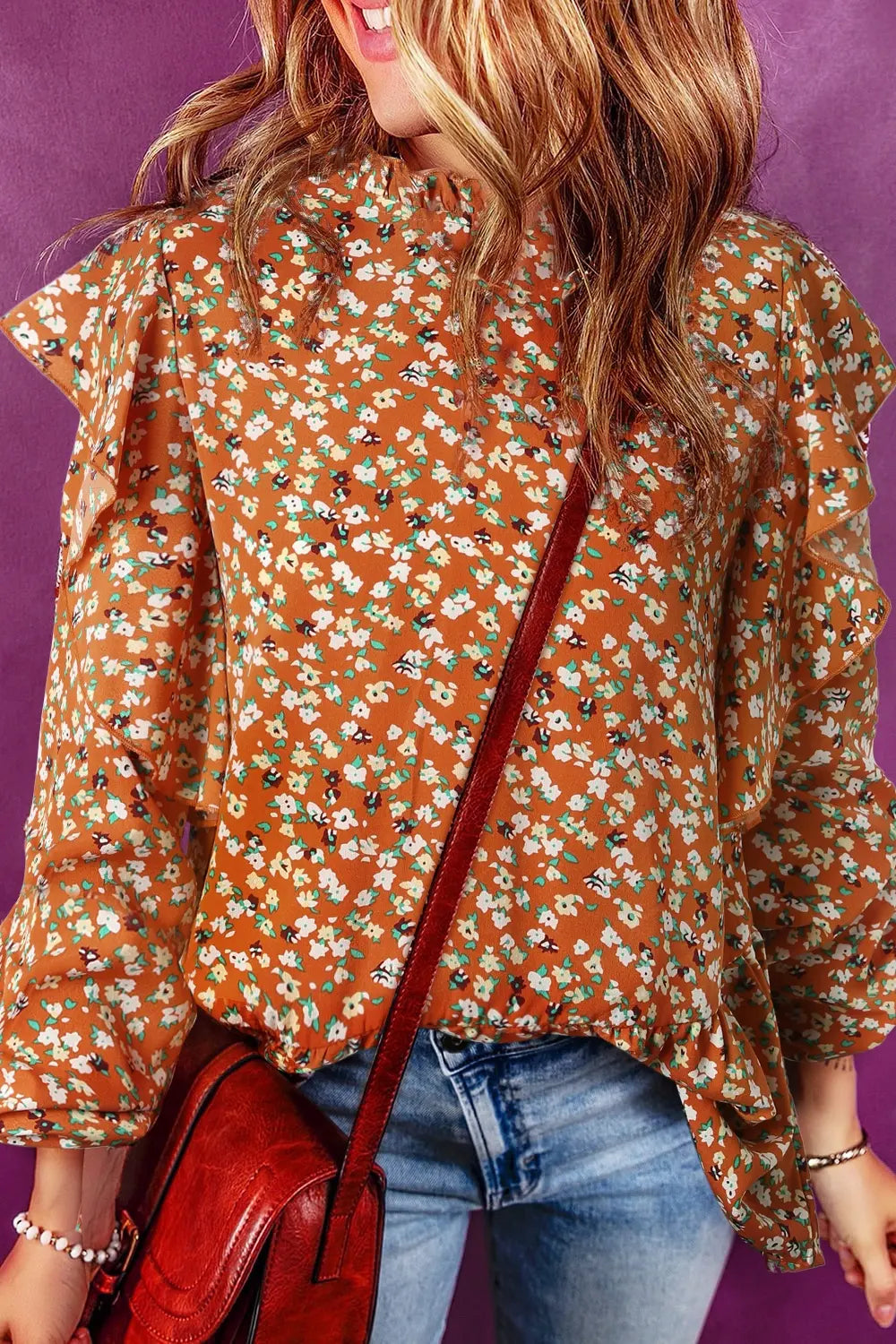 Sheer Floral Ruffled Long Sleeve Blouse - Opaque, Slightly Stretchy, 100% Polyester
