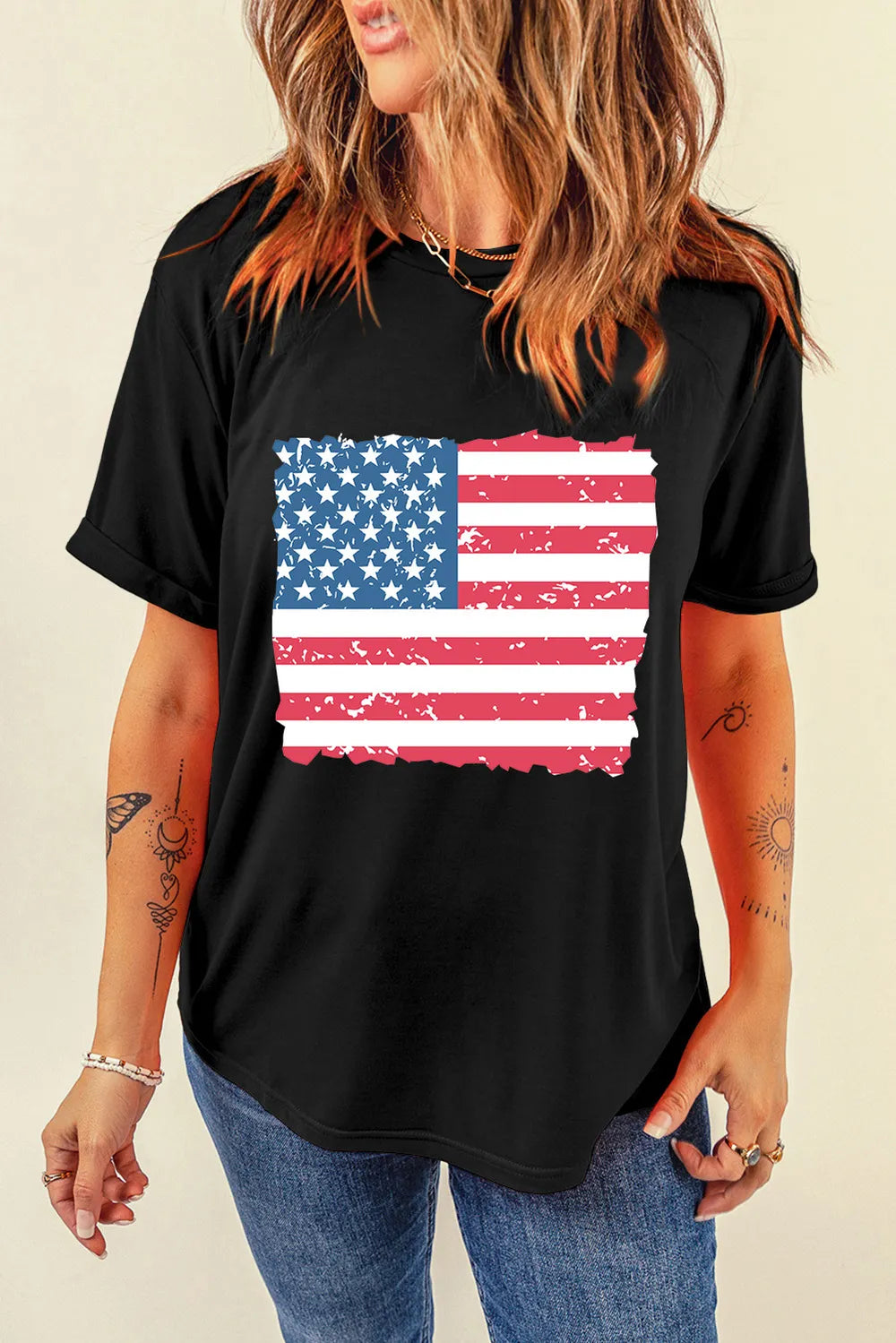 US Flag Round Neck T-Shirt for Women - Short Sleeve, Slightly Stretchy, Opaque Fabric