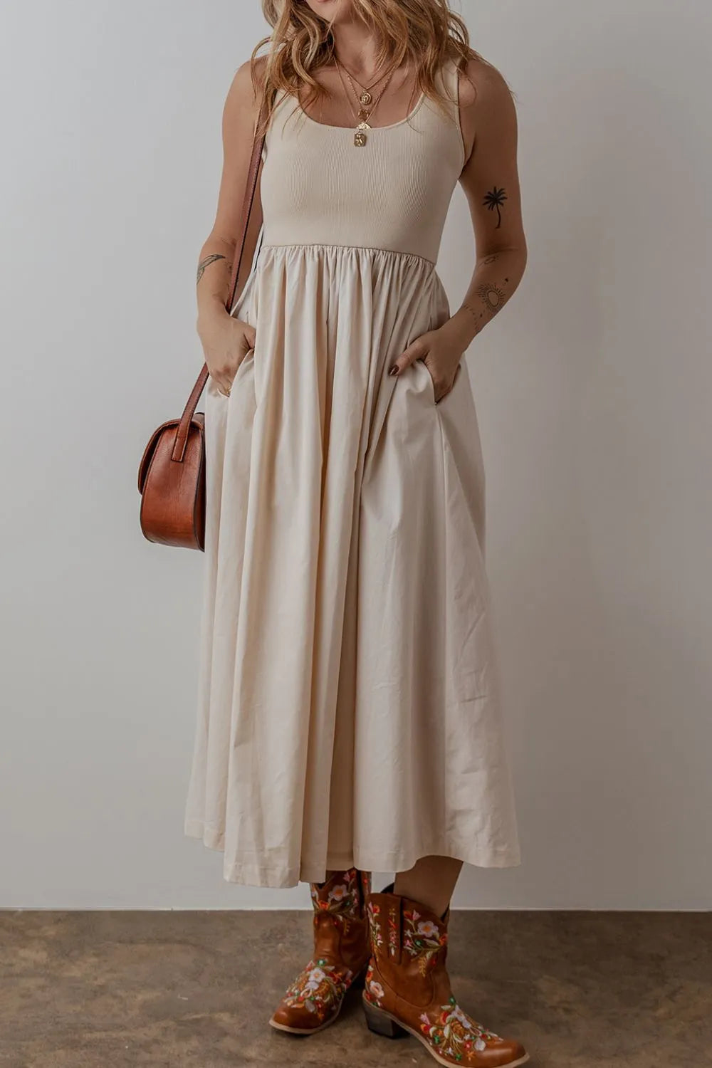 Scoop Neck Ribbed Bodice Sleeveless Midi Tank Dress