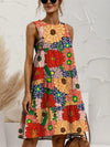 FAM-FAM Tiered Printed Round Neck Sleeveless Dress Deep Red