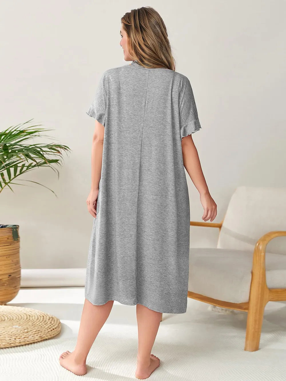 Plus Size Opaque Round Neck Short Sleeve Lounge Dress with Moderate Stretch