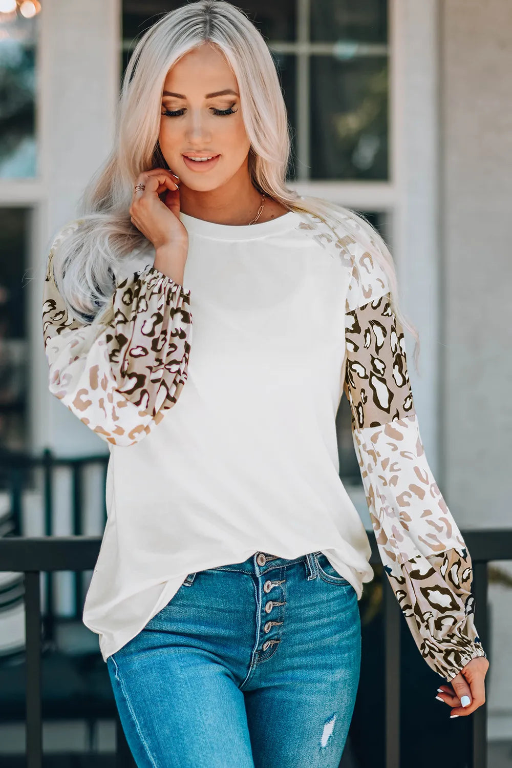 Trendy Leopard Print Round Neck Dropped Shoulder T-Shirt - Slightly Stretchy, Opaque Fabric