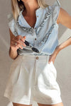 Frill Button Down Ruffled Cap Sleeve Denim Top Light Blue