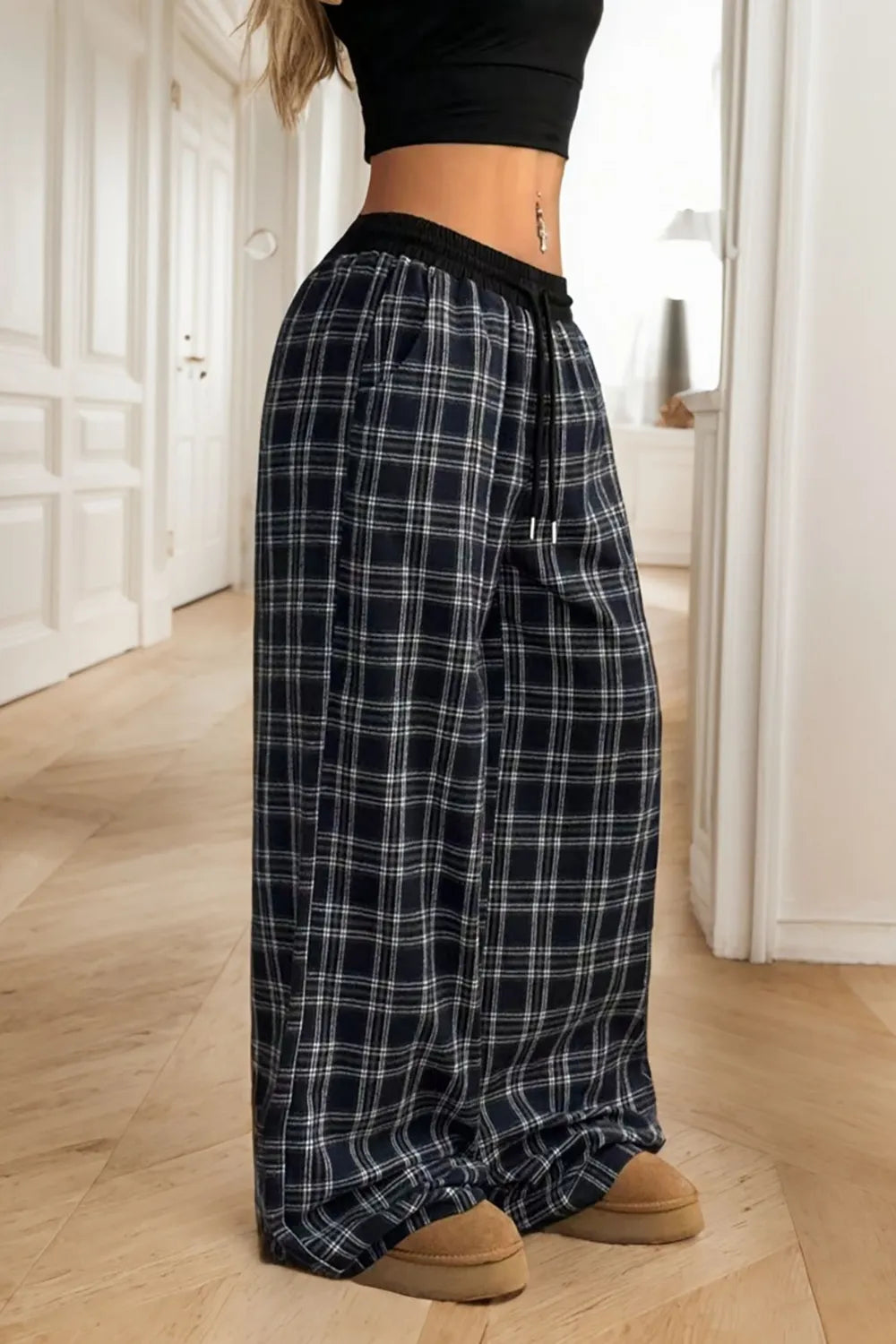 Plaid Wide Leg Pants With Drawstring, Opaque 100% Polyester, Comfortable Fit