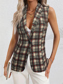 Trendy Plaid Button-Up Collared Neck Vest for Women - Versatile Layering Essential - Store 42