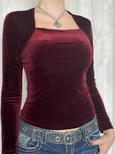 Elegant Velvet Long Sleeve Square Neck T-Shirt for Women - Slightly Stretchy Comfort - Store 42