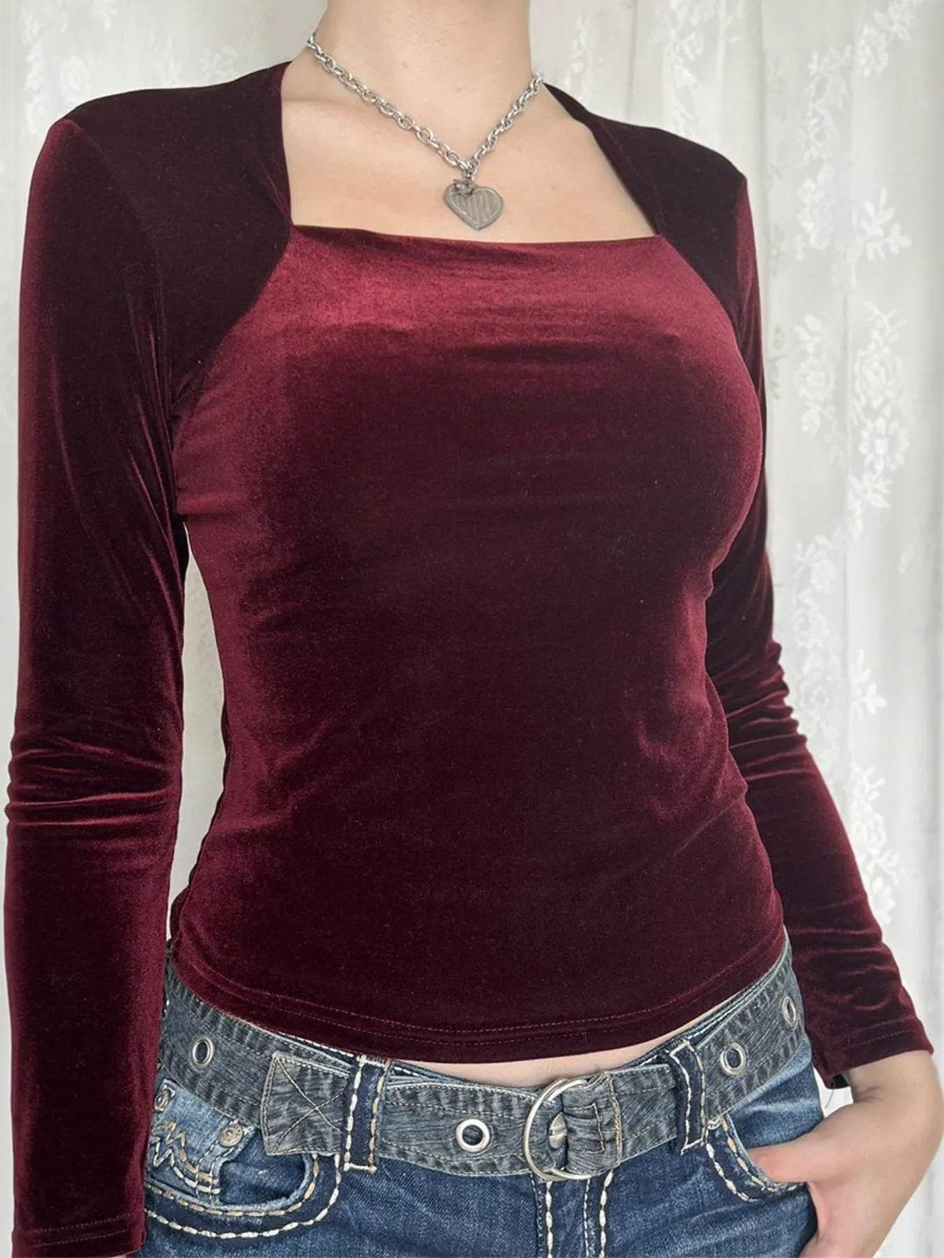 Elegant Velvet Long Sleeve Square Neck T-Shirt for Women - Slightly Stretchy Comfort