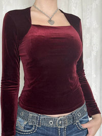 Elegant Velvet Long Sleeve Square Neck T-Shirt for Women - Slightly Stretchy Comfort - Store 42