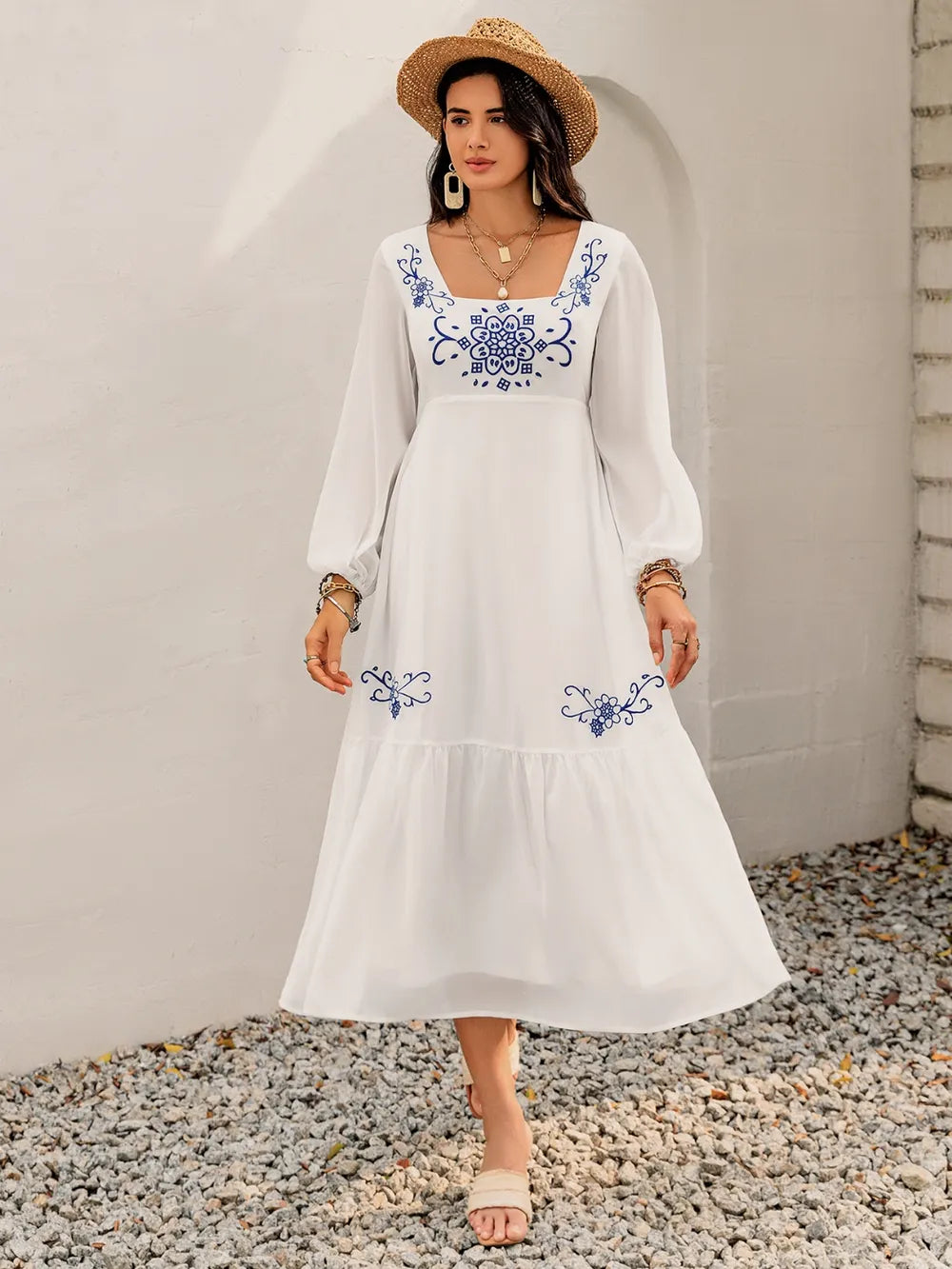 Printed Square Neck Balloon Sleeve Dress