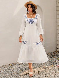Printed Square Neck Balloon Sleeve Dress