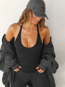 Ribbed V-Neck Halter Tank Top Black