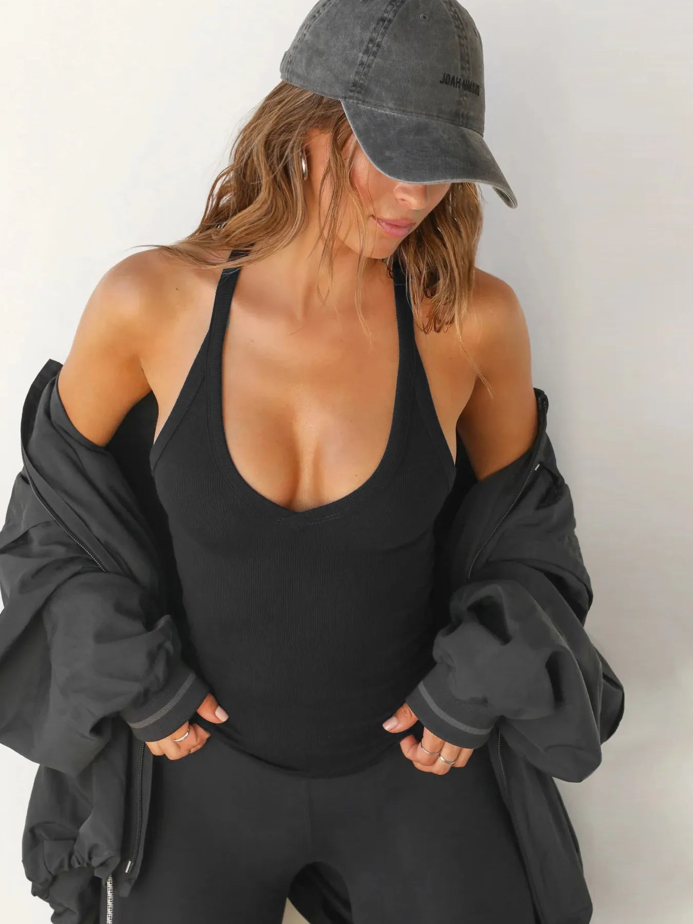 Ribbed V-Neck Halter Tank Top Black