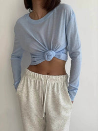 Slightly Stretchy Knotted Long Sleeve T-Shirt in Sheer 100% Polyester - Trendy Basic Style - Store 42