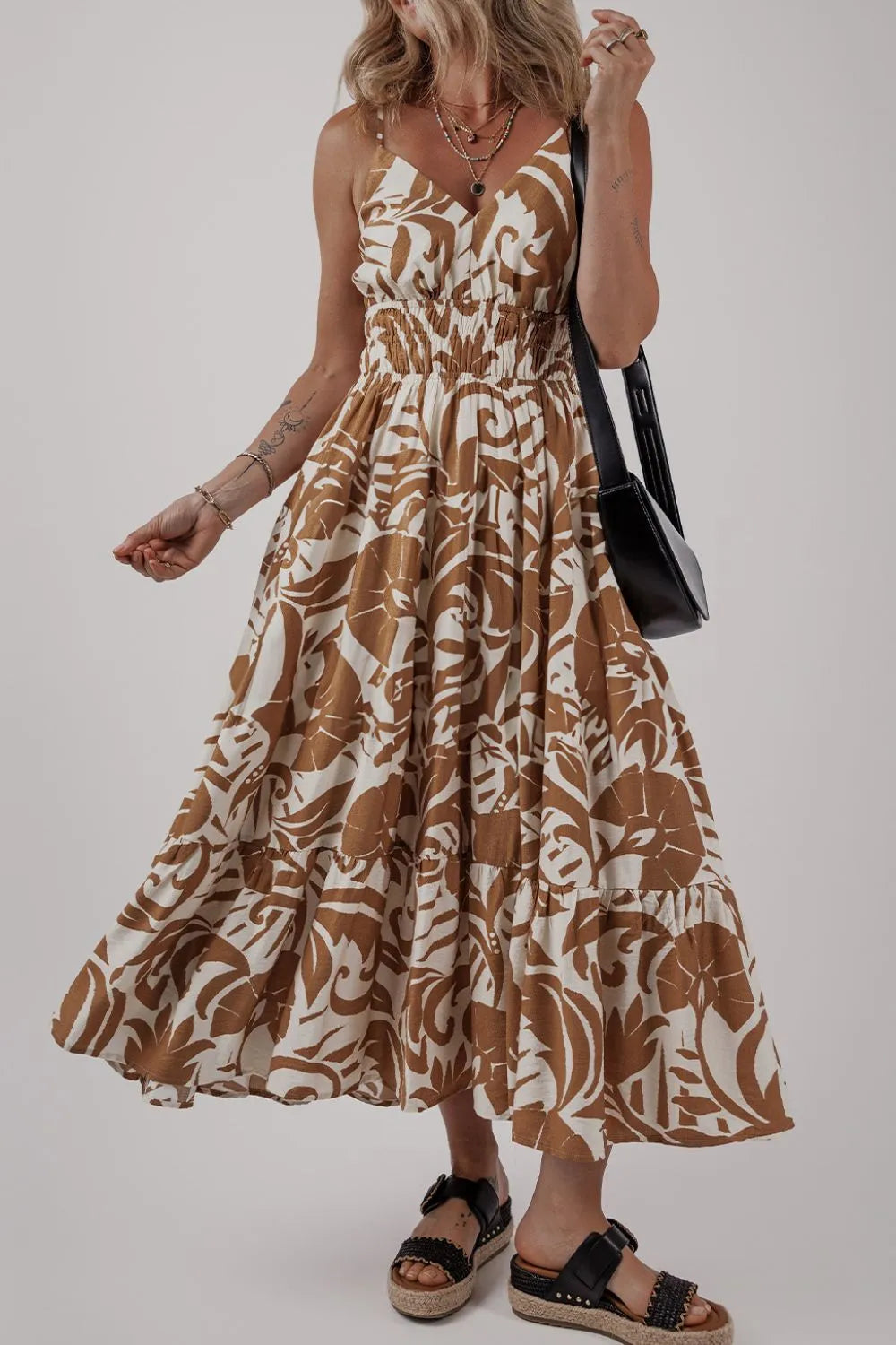Floral Tiered Smocked High Waist Spaghetti Strap Dress - Elegant Summer Style