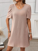 Textured Round Neck Short Sleeve Mini Dress