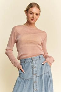 Davi & Dani Glitter Mesh Lettuce Hem Long Sleeve Top Dusty Pink