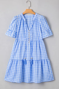 Gingham Short Sleeve Button Tie Split Neck Loose Mini Dress