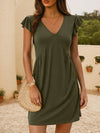 V-Neck Ruffled Cap Sleeve Mini Dress Army Green