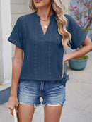 Trendy Eyelet Notched Short Sleeve Top in 65% Rayon - Stylish & Versatile Women's Wear - Store 42