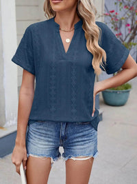 Trendy Eyelet Notched Short Sleeve Top in 65% Rayon - Stylish & Versatile Women's Wear - Store 42