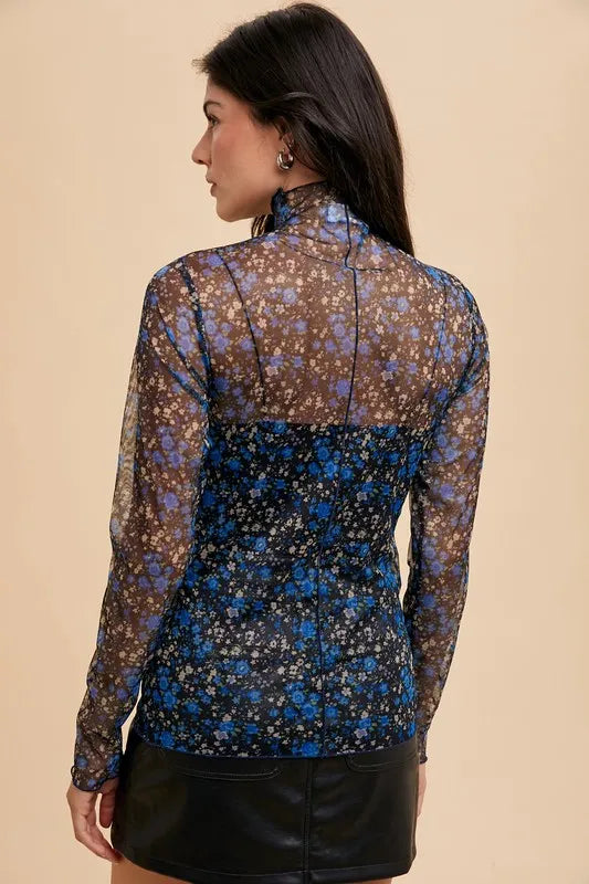 Annie Wear Sheer Floral Mesh Top with Playful Lettuce Hem - Trendy Women's Fashion