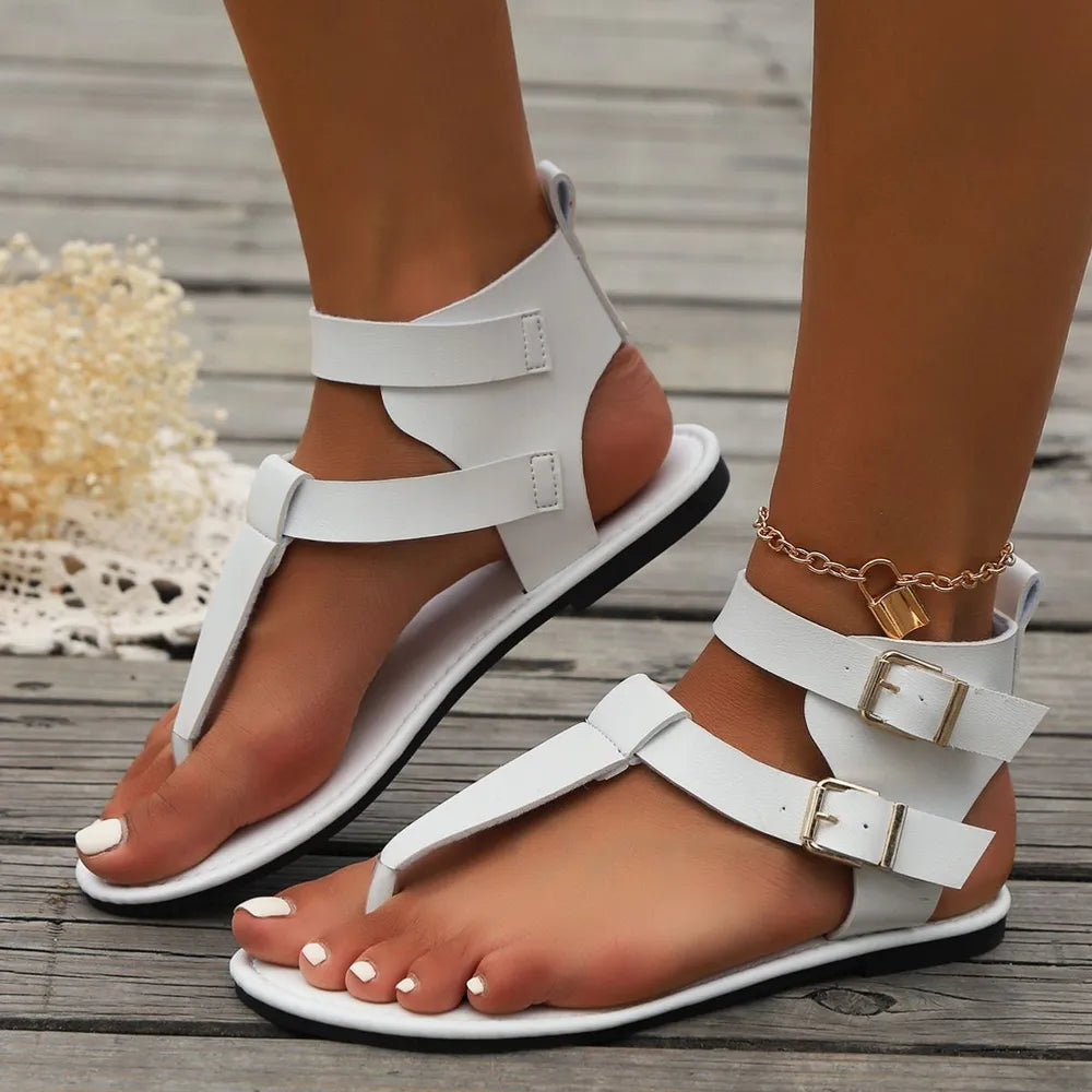 Double Buckle Toe Post Flats Sandals White
