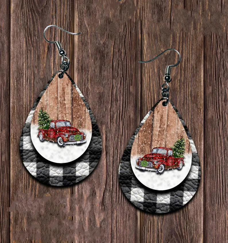 PU Leather Plaid Teardrop Earrings Black One Size