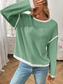 Slightly Stretchy Ribbed Long Sleeve Top with Contrast Trim - Elegant Basic Style - Store 42