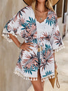 Tassel Tied Printed Half Sleeve Cover Up White One Size