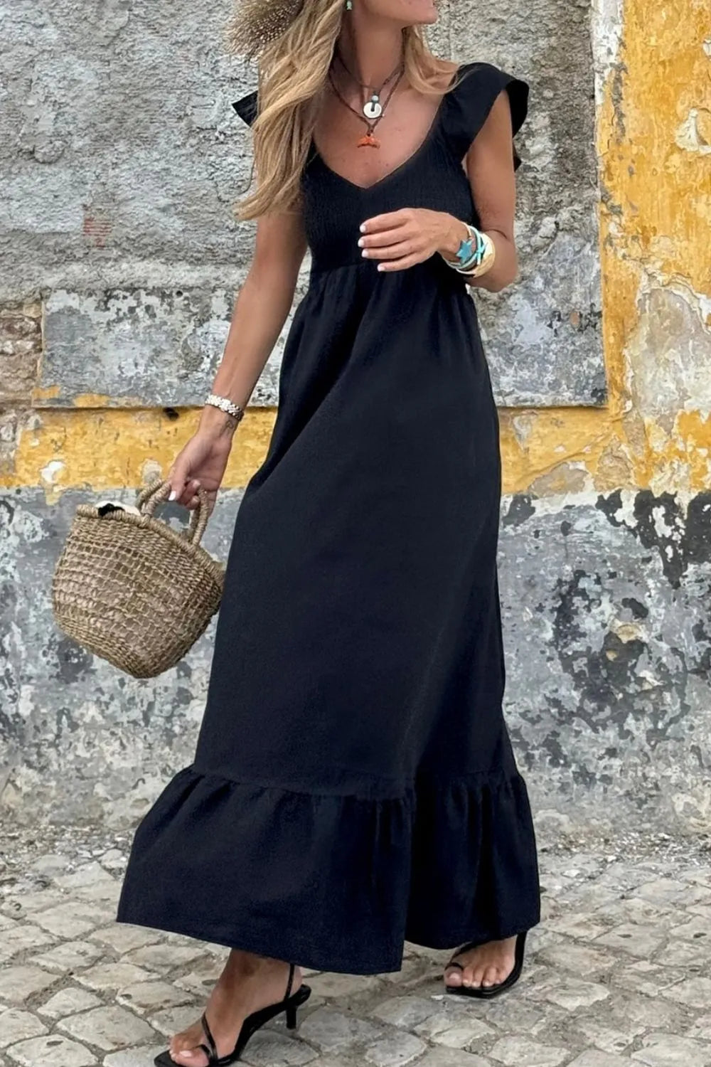 V Neck Ruffled Cap Sleeve Maxi Dress in 100% Cotton - Opaque, Not Lined, Machine Washable