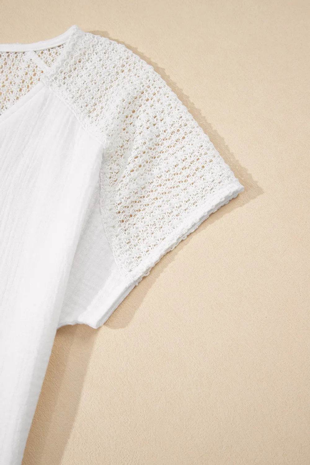 Lace Crochet Button Back V-Neck T-Shirt - Semi-Sheer 100% Cotton Top for Stylish Comfort - Store 42