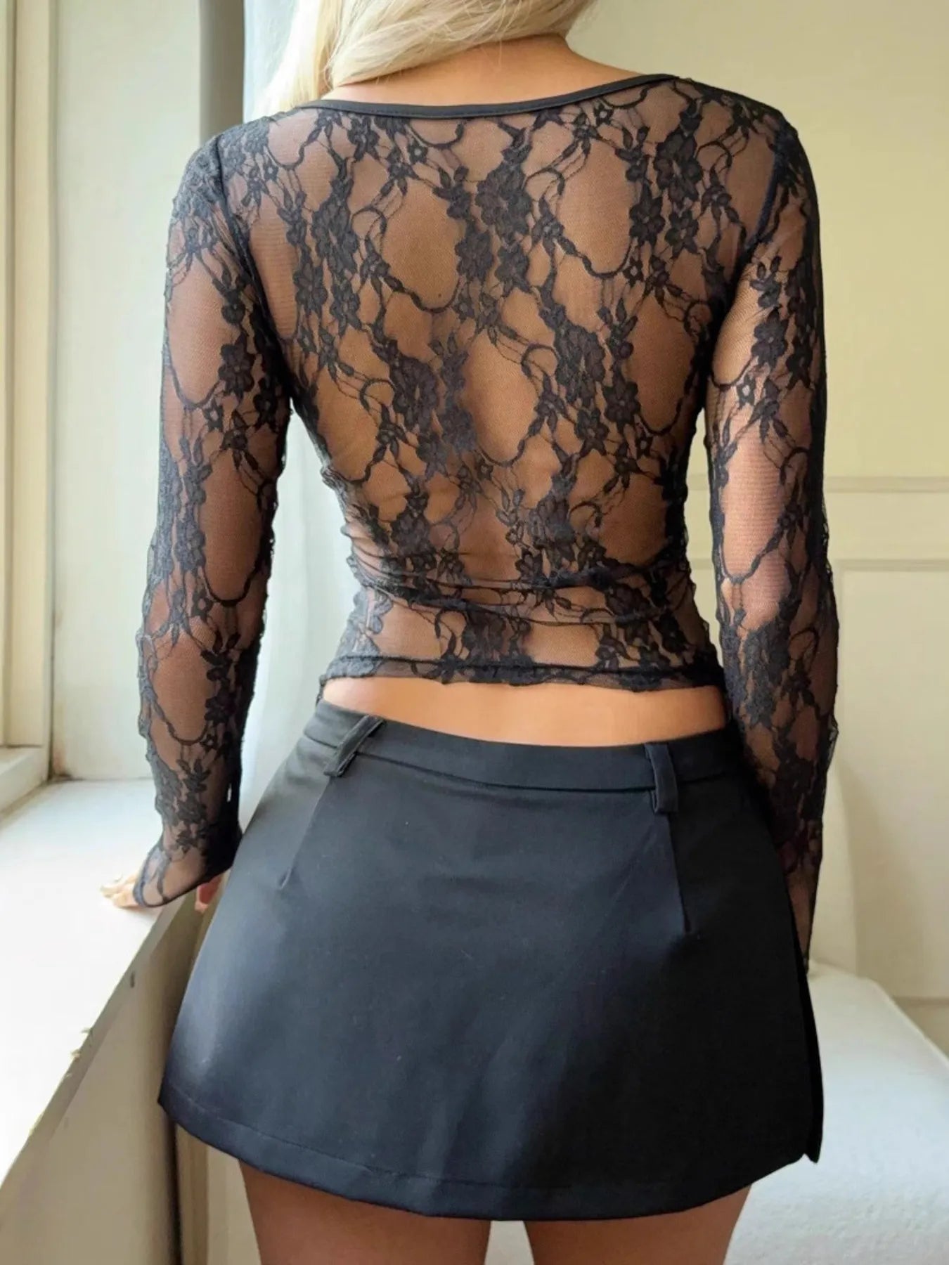 Sheer Round Neck T-Shirt with Lace Sleeve Detail for Women - Slightly Stretchy, Elegant Style