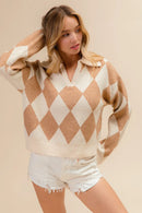 BiBi Diamond Pattern Collared Notch Neck Sweater