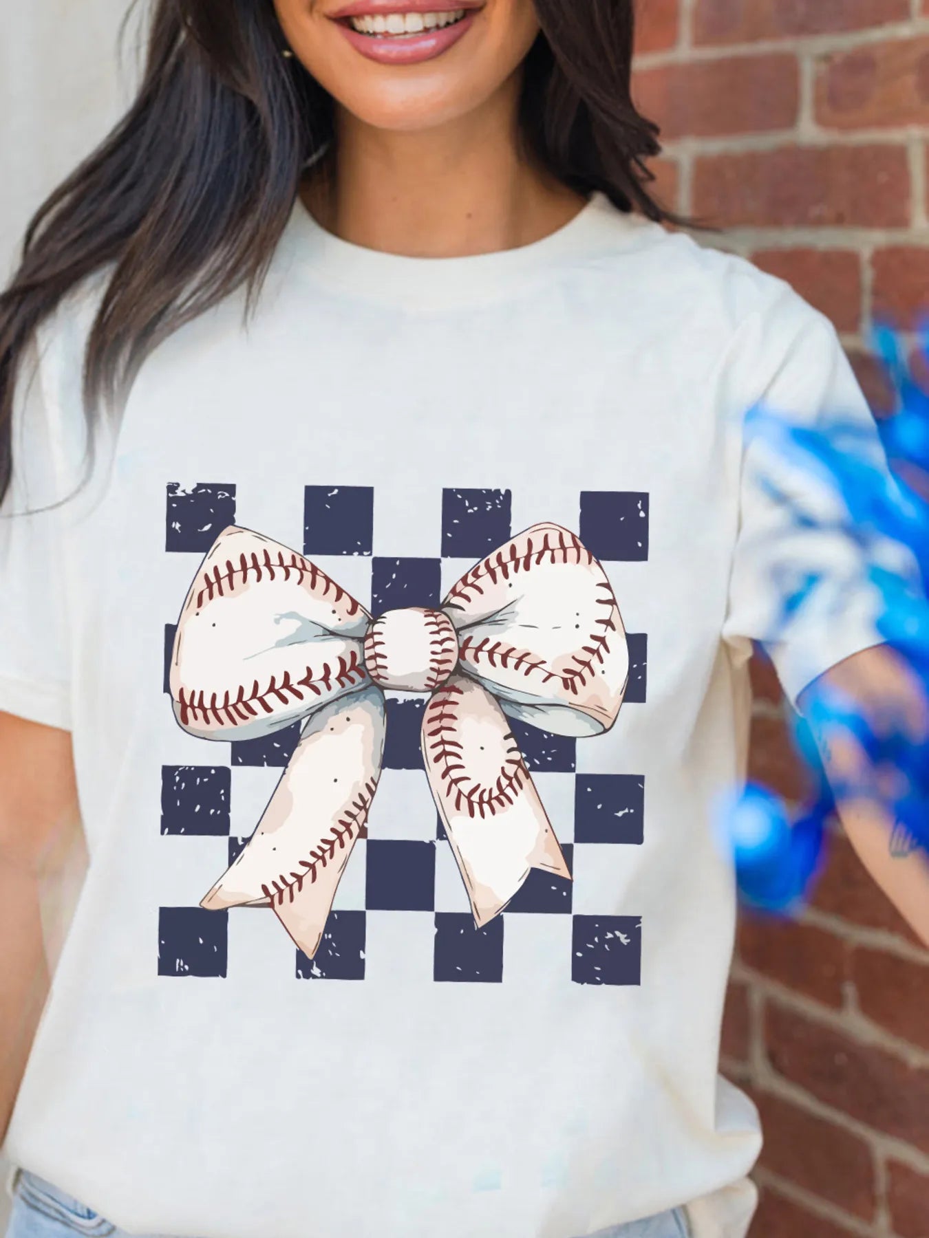 Checkered Bowknot Graphic Crew Neck T Shirt