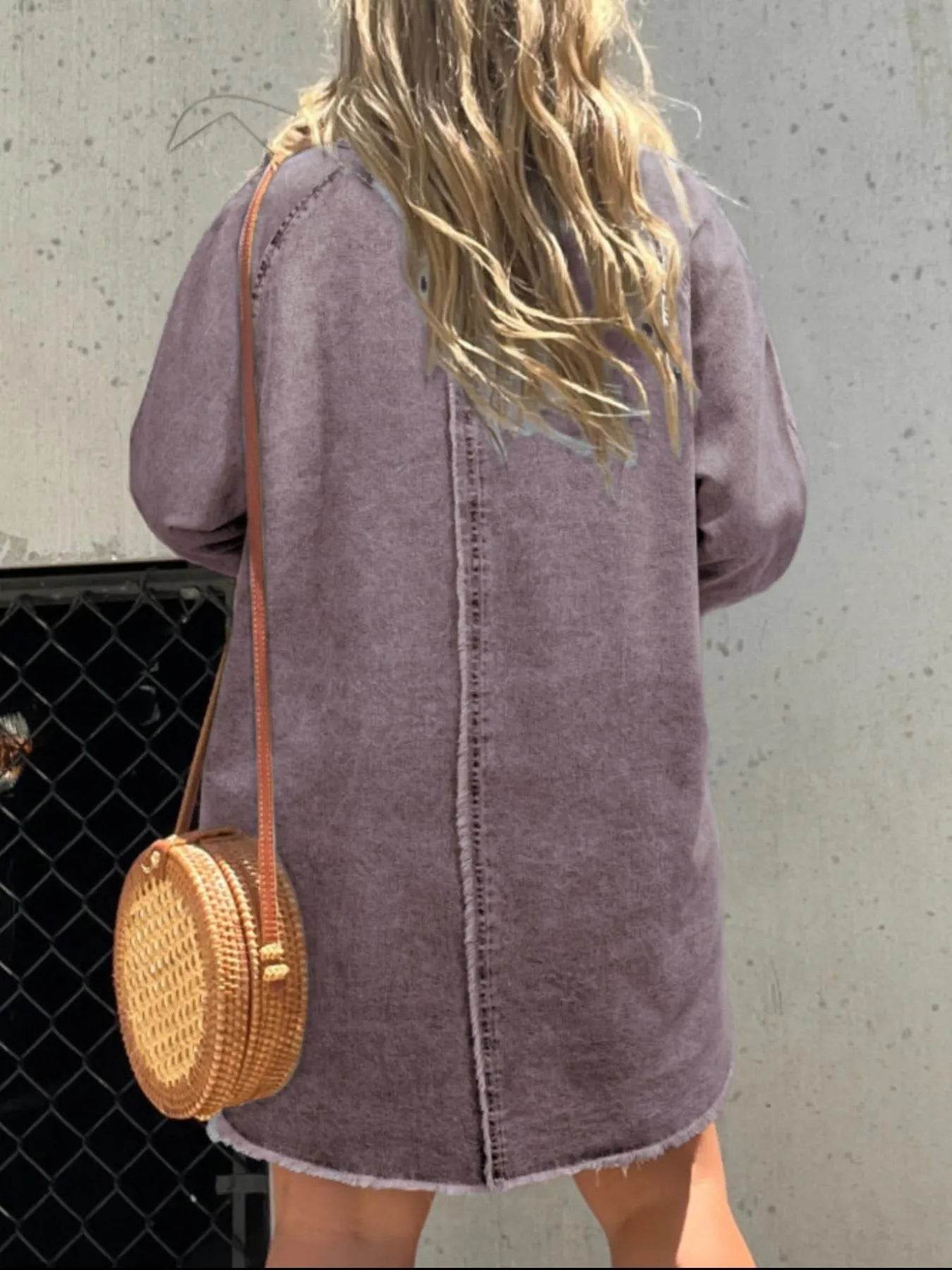 Full Size Button-Front Long Sleeve Denim Shirt Dress Plus Size - Store 42