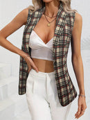 Trendy Plaid Button-Up Collared Neck Vest for Women - Versatile Layering Essential - Store 42