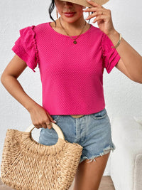 Stylish Round Neck Ruffle Sleeve T-Shirt in Waffle Knit - Slightly Stretchy Polyester Top - Store 42