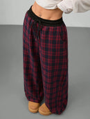 Plaid Wide Leg Pants with Drawstring Waist