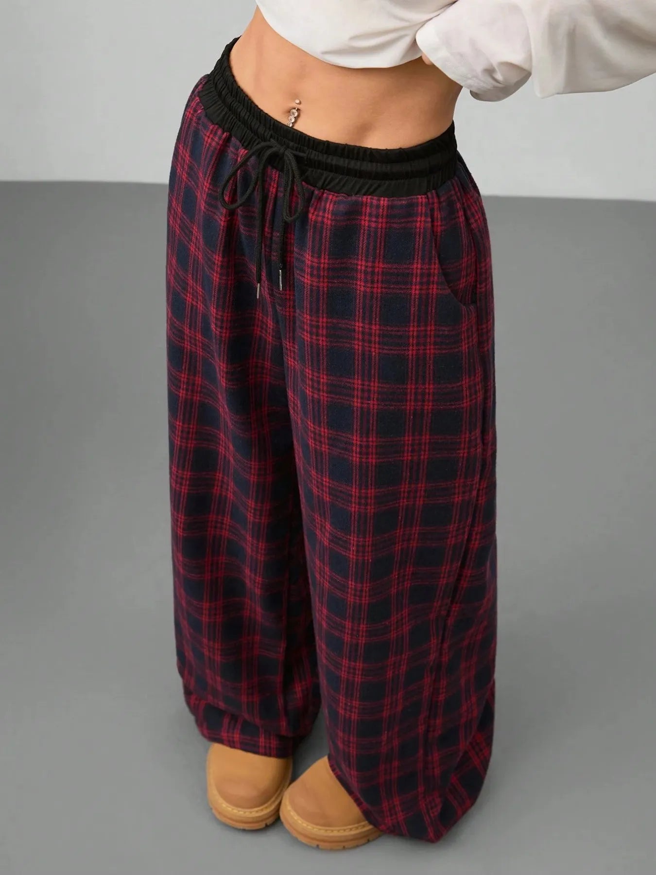 Plaid Wide Leg Pants with Drawstring Waist