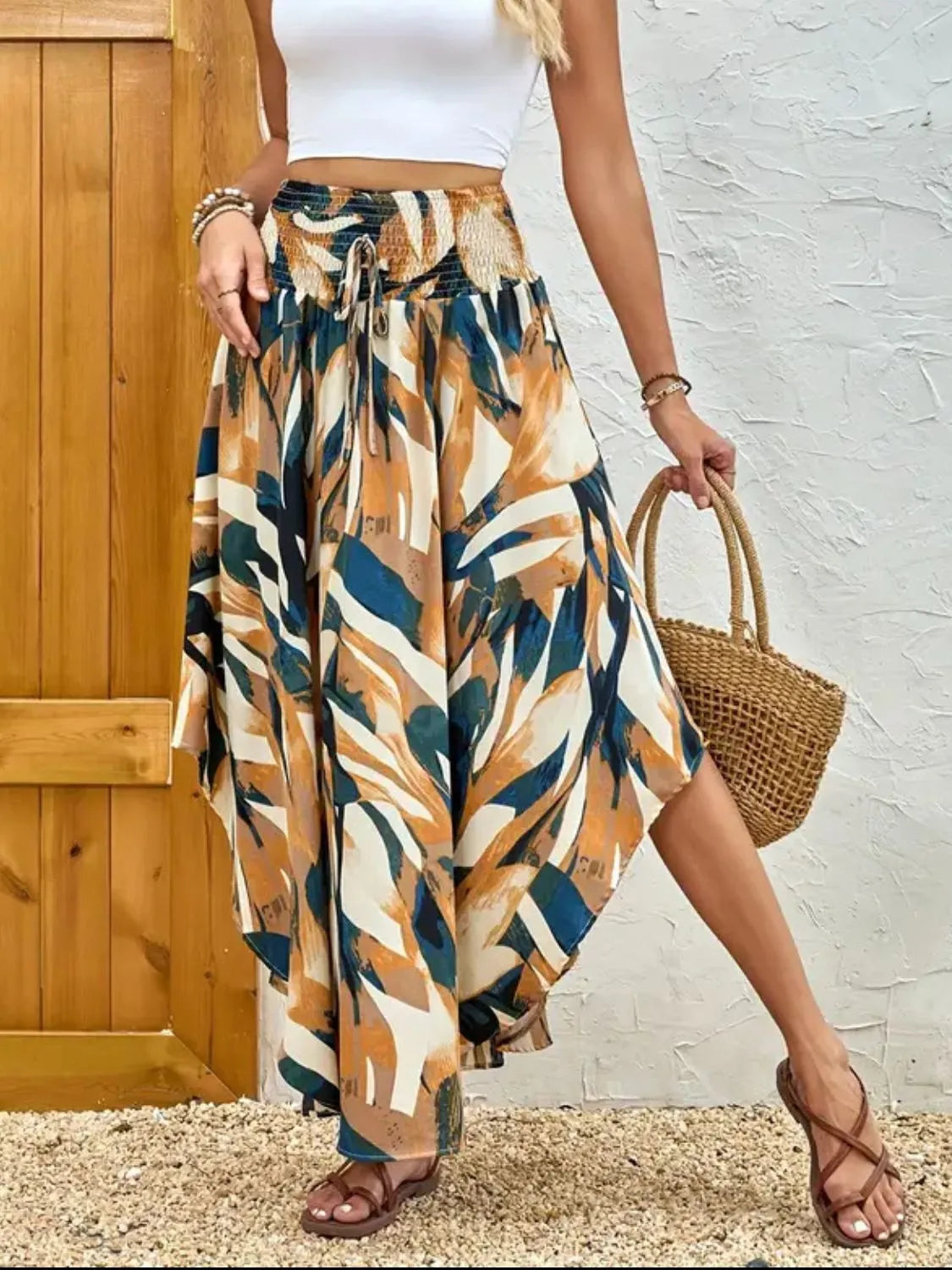 Asymmetrical Smocked Printed Skirt Mustard
