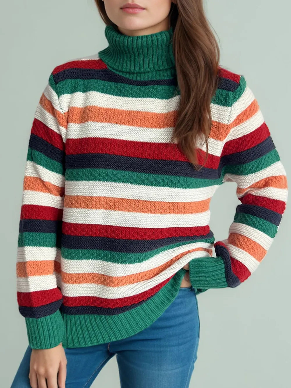 Stylish Contrast Stripes Turtleneck Sweater - Long Sleeve and Slightly Stretchy for Comfort